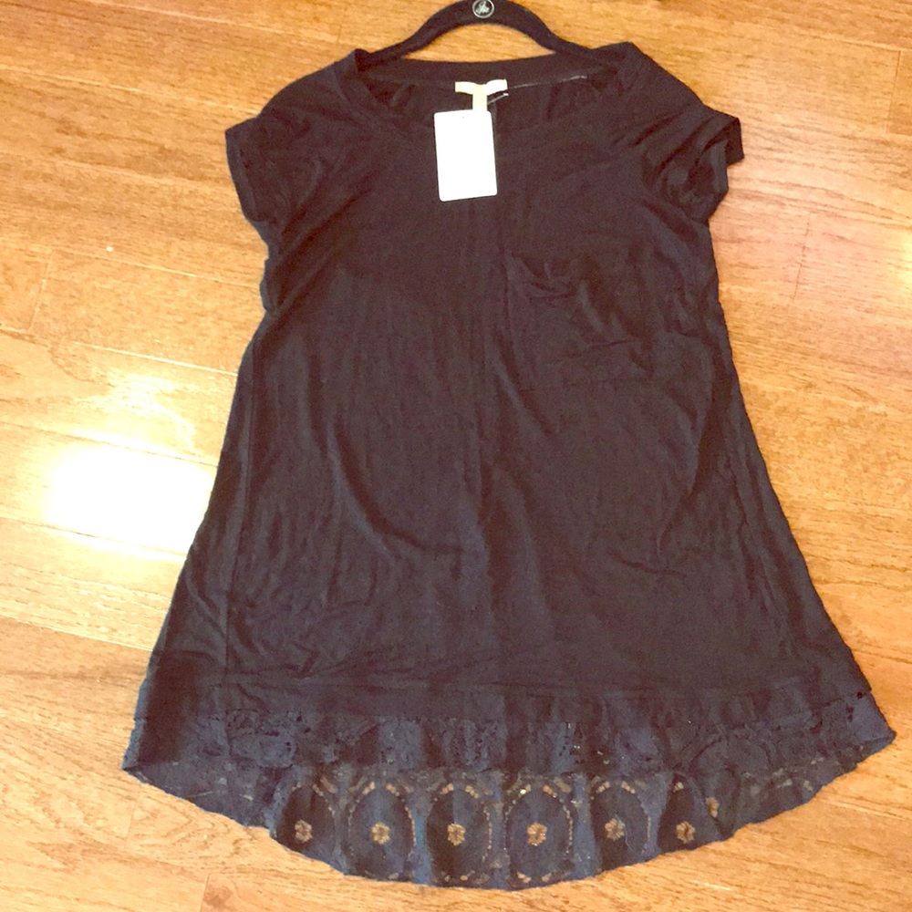 Anthropologie Black Short-Sleeve Scoop Neck Tee with Lace Hem